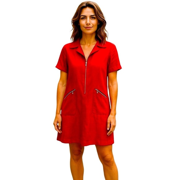 NY Sake LINEN Shirt Dress Silver Hardware Zip front, zipper pockets Red Size 1… - Picture 6 of 16